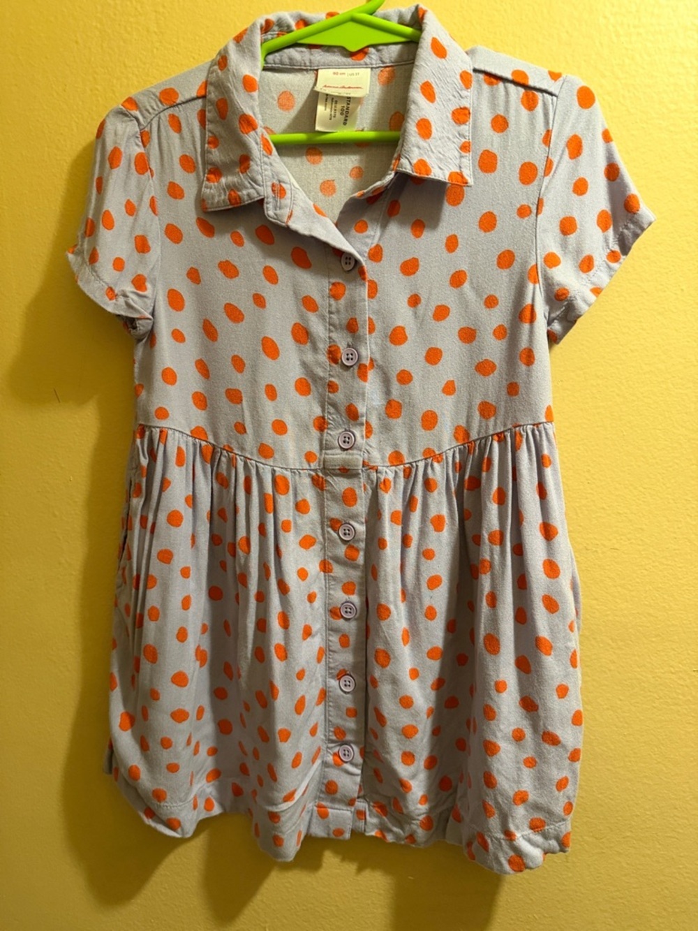 Hanna Andersson Light Gray Button-Up Top with Orange Polka Dots